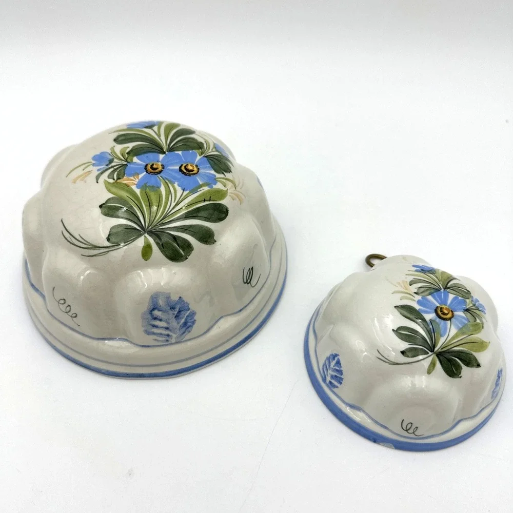 Ceramiche ABC Bassano Italy Mold Set of 2 White Blue Floral Hand Painted Vintage